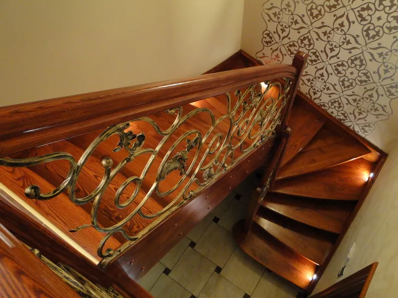 Schody dywanowe zabiegowe z balustradą kutą i oświetleniem LED, zdjęcie 1